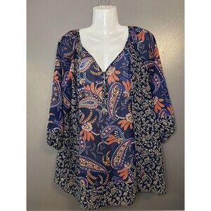 Chaps Shirt Womens Medium Blue Paisley Boho Tunic Top 3/4 Sleeve Lightweight
